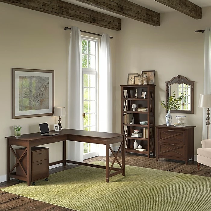 Bush Furniture Key West 60" L-Shaped Desk With File Cabinets And 5-Shelf Bookcase, Bing Cherry (KWS017BC) - Image 2