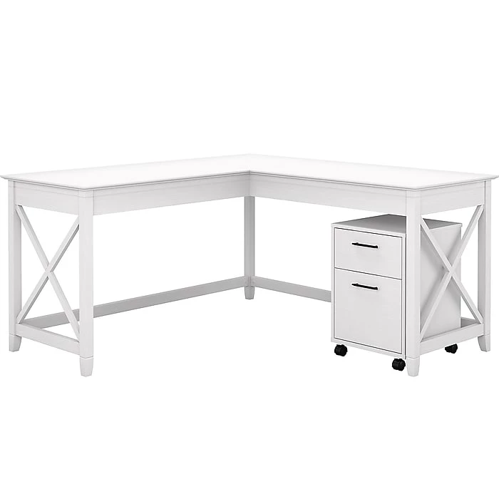 Bush Furniture Key West 60"W L-Shaped Desk With 2-Drawer Mobile File Cabinet, Pure White Oak (KWS013WT)