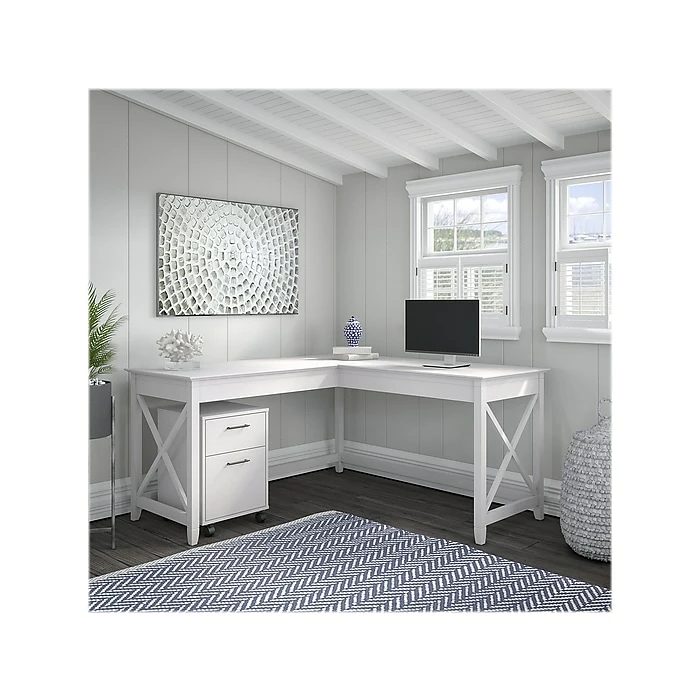 Bush Furniture Key West 60"W L-Shaped Desk With 2-Drawer Mobile File Cabinet, Pure White Oak (KWS013WT) - Image 2