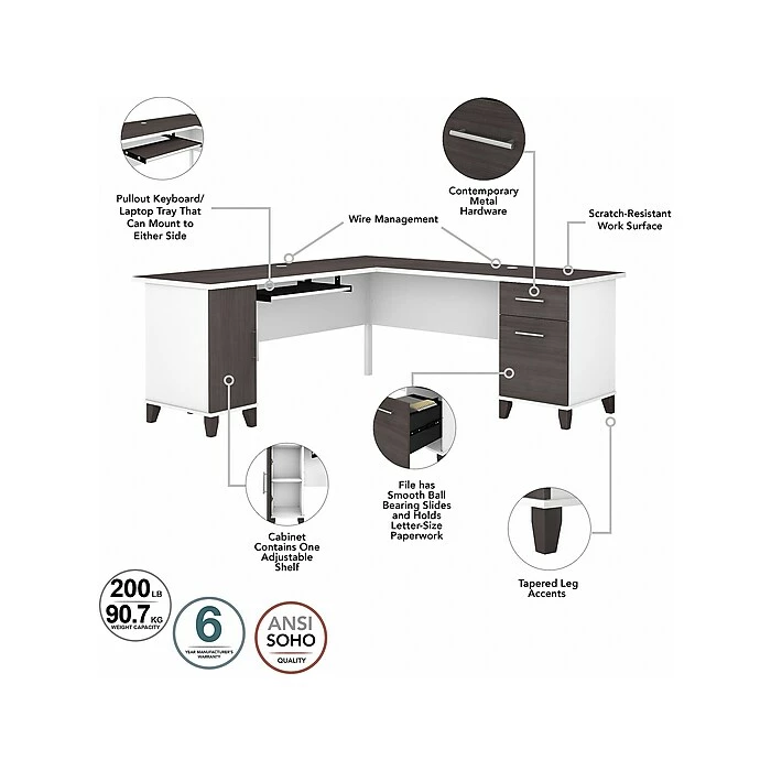 Bush Furniture Somerset 72" L-Shaped Desk With Storage, Storm Gray/White (WC81010K) - Image 3
