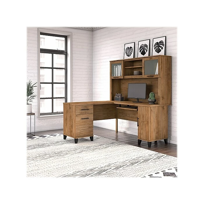Bush Furniture Somerset 60" L-Shaped Desk With Hutch, Fresh Walnut (SET002FW) - Image 2
