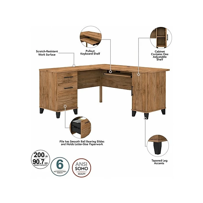 Bush Furniture Somerset 60" L-Shaped Desk With Hutch, Fresh Walnut (SET002FW) - Image 3