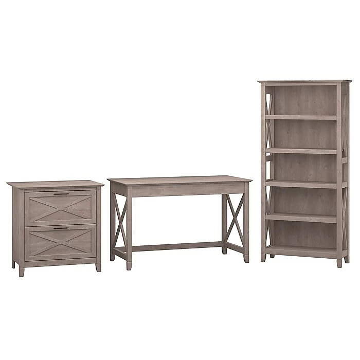 Bush Furniture Key West 48W Writing Desk With 2 Drawer Lateral File Cabinet And 5 Shelf Bookcase, Washed Gray (KWS004WG)
