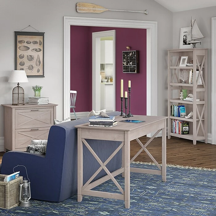 Bush Furniture Key West 48W Writing Desk With 2 Drawer Lateral File Cabinet And 5 Shelf Bookcase, Washed Gray (KWS004WG) - Image 2