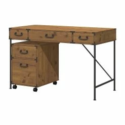 Kathy Ireland® Home By Bush Furniture Ironworks 48W Writing Desk And 2 Drawer Mobile File Cabinet, Vintage Golden Pine (IW001VG)