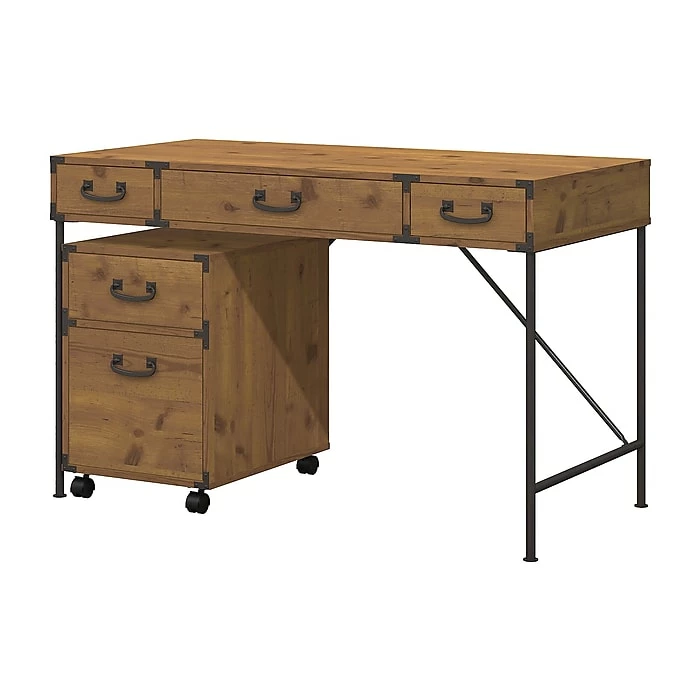 Kathy Ireland® Home By Bush Furniture Ironworks 48W Writing Desk And 2 Drawer Mobile File Cabinet, Vintage Golden Pine (IW001VG)