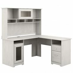 Bush Furniture Cabot 59" L-Shaped Computer Desk With Hutch, Linen White Oak (CAB001LW)