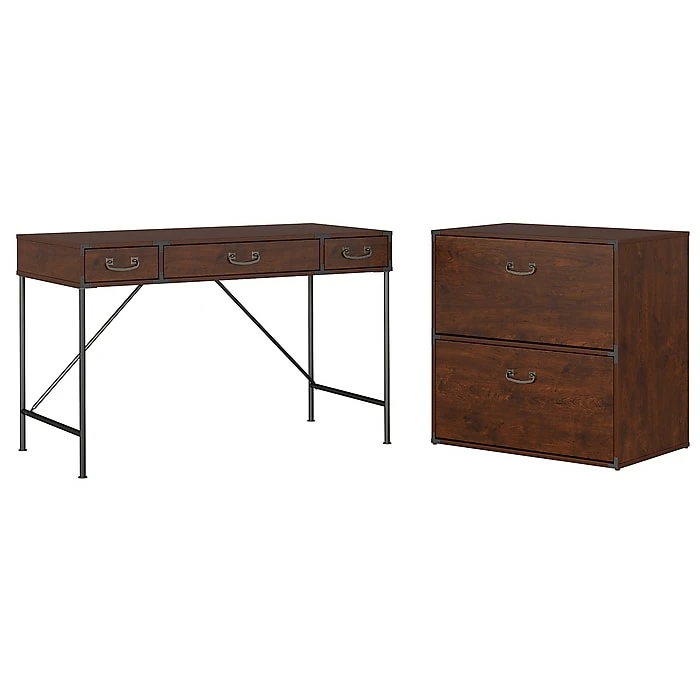 Kathy Ireland® Home By Bush Furniture Ironworks 48W Writing Desk And Lateral File Cabinet, Coastal Cherry (IW003CC)
