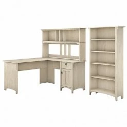 Bush Furniture Salinas 60W L Shaped Desk With Hutch And 5 Shelf Bookcase, Antique White (SAL006AW)