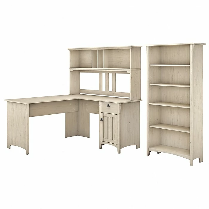 Bush Furniture Salinas 60W L Shaped Desk With Hutch And 5 Shelf Bookcase, Antique White (SAL006AW) - Image 2