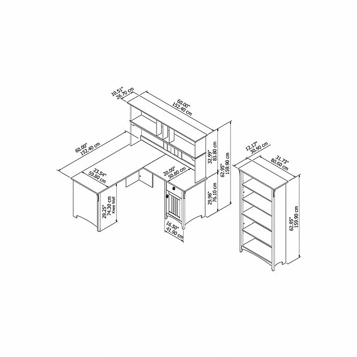 Bush Furniture Salinas 60W L Shaped Desk With Hutch And 5 Shelf Bookcase, Antique White (SAL006AW) - Image 4