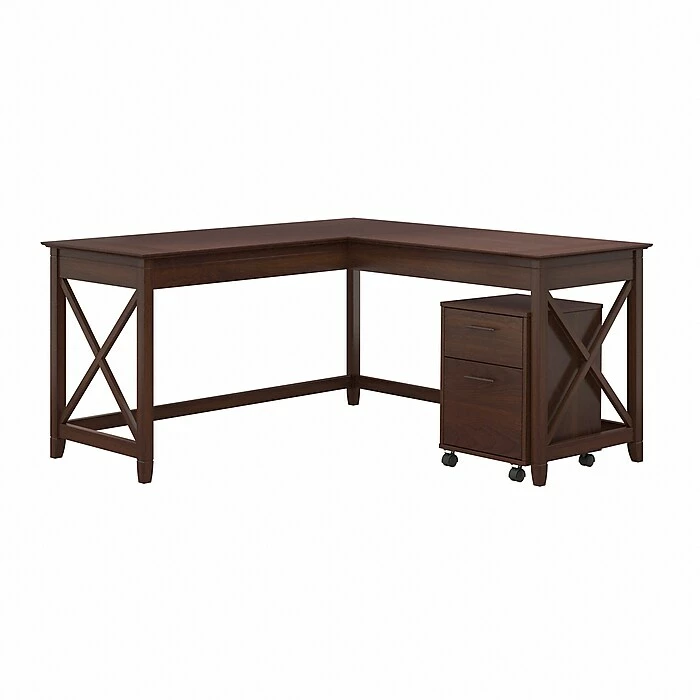 Bush Furniture Key West 60" L-Shaped Desk With 2-Drawer Mobile File Cabinet, Bing Cherry (KWS013BC)