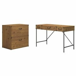 Kathy Ireland® Home By Bush Furniture Ironworks 48W Writing Desk And Lateral File Cabinet, Vintage Golden Pine (IW003VG)
