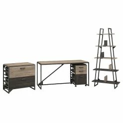 Bush Furniture Refinery 62W Industrial Desk With A Frame Bookshelf And File Cabinets, Rustic Gray (RFY007RG)