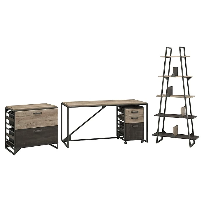 Bush Furniture Refinery 62W Industrial Desk With A Frame Bookshelf And File Cabinets, Rustic Gray (RFY007RG)