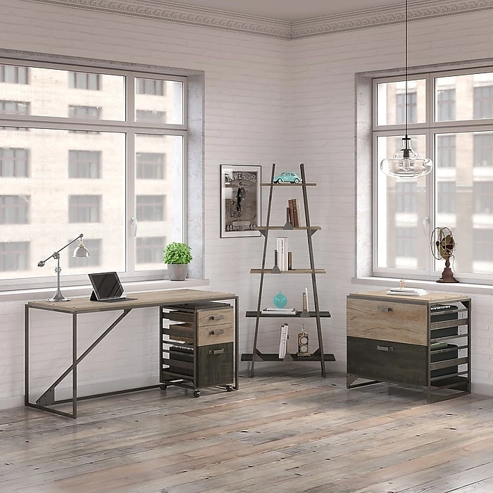 Bush Furniture Refinery 62W Industrial Desk With A Frame Bookshelf And File Cabinets, Rustic Gray (RFY007RG) - Image 2