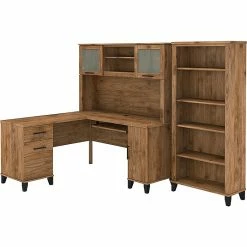 Bush Furniture Somerset 60" L-Shaped Desk With Hutch And 5-Shelf Bookcase, Fresh Walnut (SET010FW)