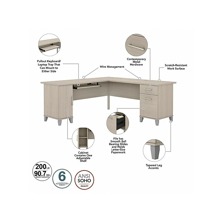 Bush Furniture Somerset 72" L-Shaped Desk With Hutch, Sand Oak (SET001SO) - Image 3