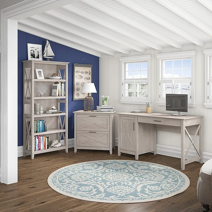 Bush Furniture Key West 54"W Single Pedestal Desk With Lateral File And 5 Shelf Bookcase, Washed Gray (KWS009WG) - Image 2