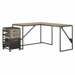 Bush Furniture Refinery 50W L Shaped Industrial Desk With 37W Return And Mobile File Cabinet, Rustic Gray (RFY004RG)