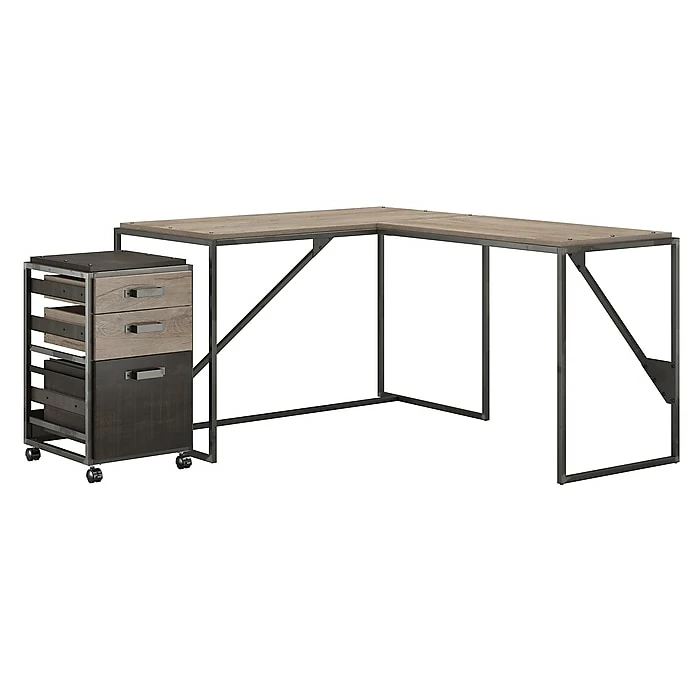 Bush Furniture Refinery 50W L Shaped Industrial Desk With 37W Return And Mobile File Cabinet, Rustic Gray (RFY004RG)