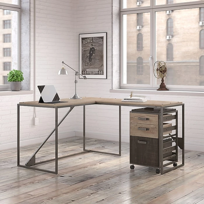 Bush Furniture Refinery 50W L Shaped Industrial Desk With 37W Return And Mobile File Cabinet, Rustic Gray (RFY004RG) - Image 2