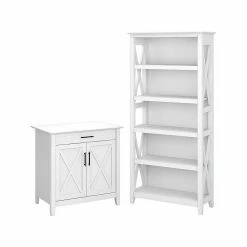 Bush Furniture Key West 30" Secretary Desk With Storage And 5-Shelf Bookcase, Pure White Oak (KWS012WT)