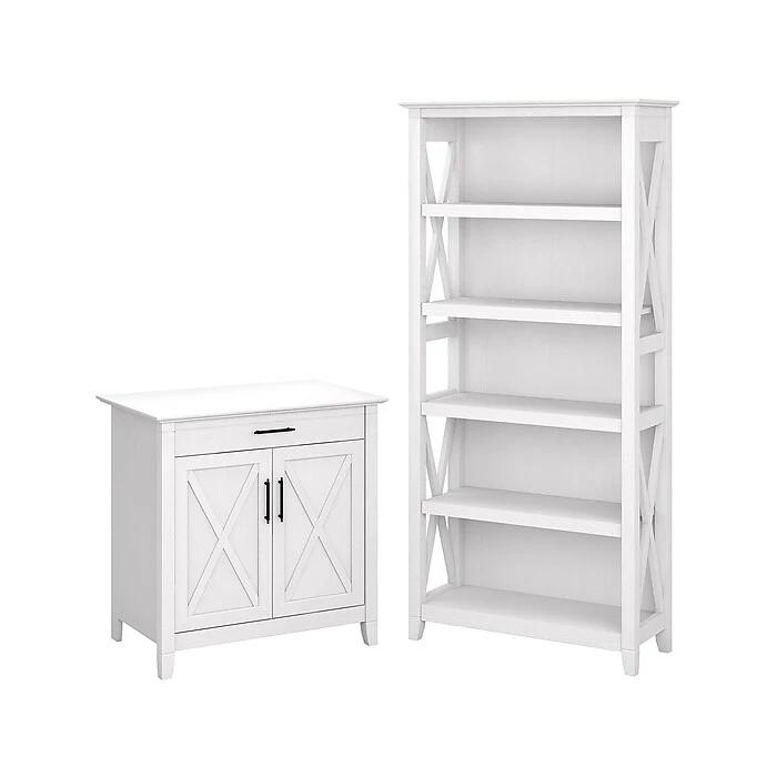 Bush Furniture Key West 30" Secretary Desk With Storage And 5-Shelf Bookcase, Pure White Oak (KWS012WT)