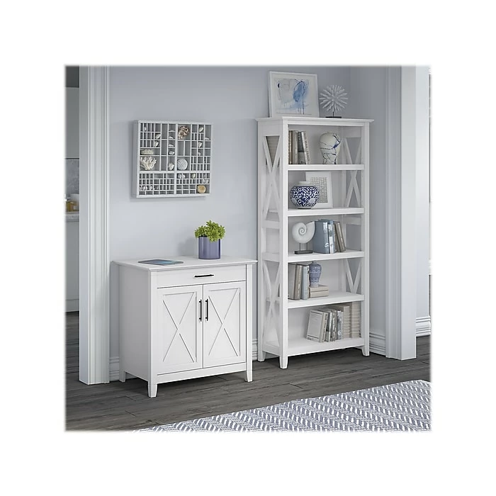Bush Furniture Key West 30" Secretary Desk With Storage And 5-Shelf Bookcase, Pure White Oak (KWS012WT) - Image 2