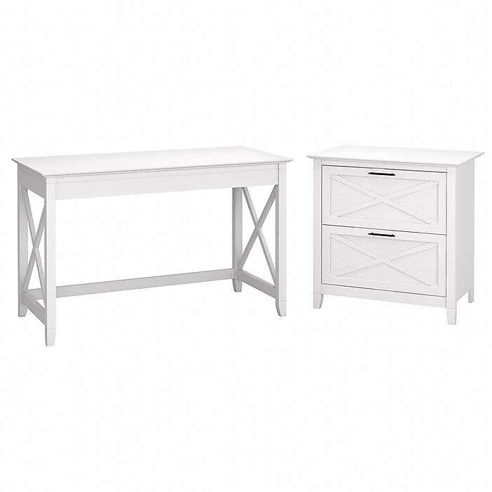Bush Furniture Key West 48" Writing Desk With 2-Drawer Lateral File Cabinet, Pure White Oak (KWS003WT)