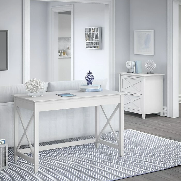 Bush Furniture Key West 48" Writing Desk With 2-Drawer Lateral File Cabinet, Pure White Oak (KWS003WT) - Image 2