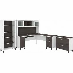 Bush Furniture Somerset 72" L-Shaped Desk With Hutch, Lateral File Cabinet And Bookcase, Storm Gray/White (SET012SGWH)