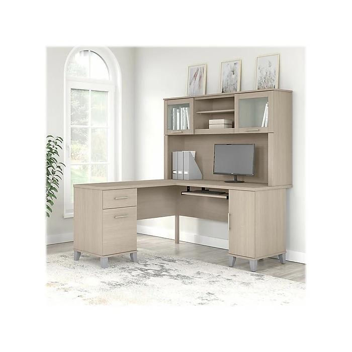Bush Furniture Somerset 60" L-Shaped Desk With Hutch, Sand Oak (SET002SO) - Image 2