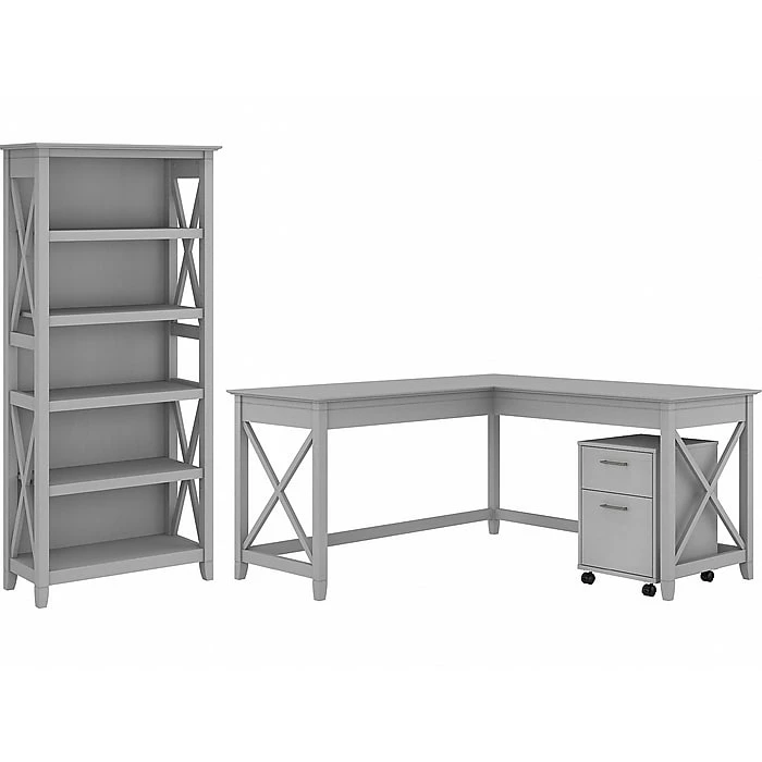 Bush Furniture Key West 60" L-Shaped Desk With 2 Drawer Mobile File Cabinet And 5 Shelf Bookcase, Cape Cod Gray (KWS016CG)