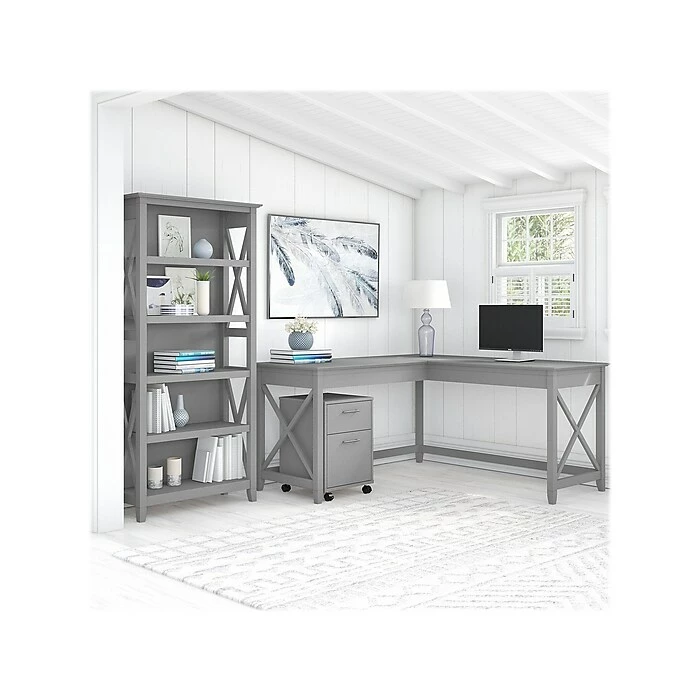 Bush Furniture Key West 60" L-Shaped Desk With 2 Drawer Mobile File Cabinet And 5 Shelf Bookcase, Cape Cod Gray (KWS016CG) - Image 2