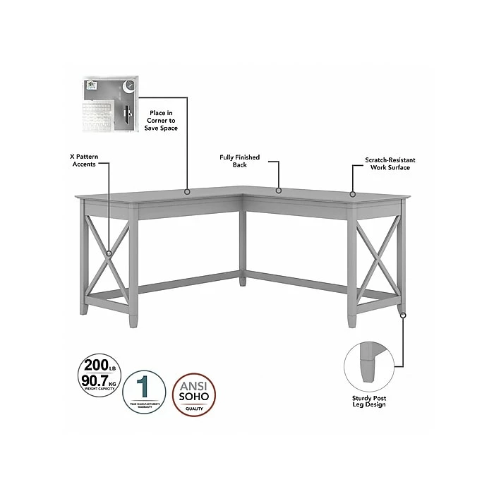 Bush Furniture Key West 60" L-Shaped Desk With 2 Drawer Mobile File Cabinet And 5 Shelf Bookcase, Cape Cod Gray (KWS016CG) - Image 3