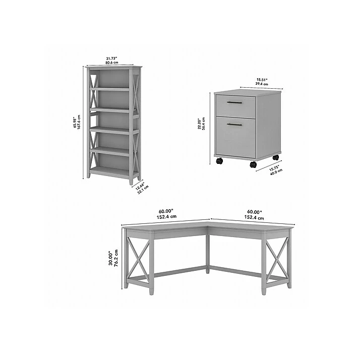 Bush Furniture Key West 60" L-Shaped Desk With 2 Drawer Mobile File Cabinet And 5 Shelf Bookcase, Cape Cod Gray (KWS016CG) - Image 5