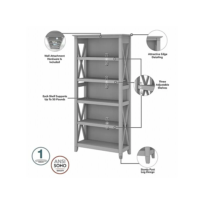 Bush Furniture Key West 60" L-Shaped Desk With 2 Drawer Mobile File Cabinet And 5 Shelf Bookcase, Cape Cod Gray (KWS016CG) - Image 6