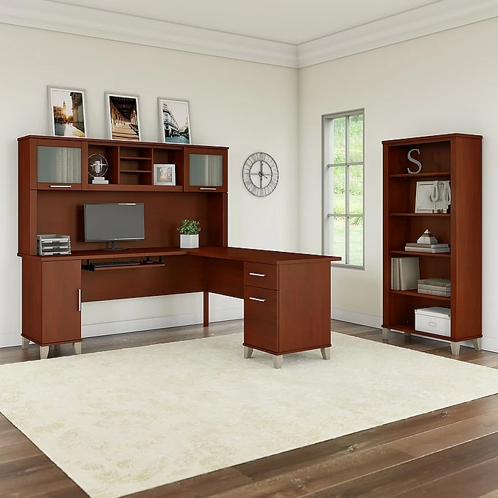 Bush Furniture Somerset 72W L Shaped Desk With Hutch And 5 Shelf Bookcase, Hansen Cherry (SET011HC) - Image 2