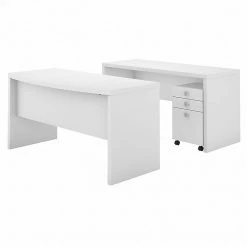 Office By Kathy Ireland® Echo Bow Front Desk And Credenza With Mobile File Cabinet, Pure White/Pure White (ECH010PW)