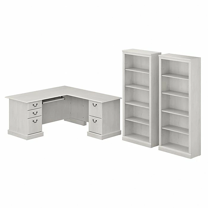 Bush Furniture Saratoga 66" L-Shaped Computer Desk And Bookcase Set, Linen White Oak (SAR005LW)