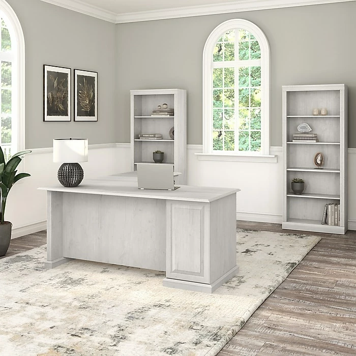 Bush Furniture Saratoga 66" L-Shaped Computer Desk And Bookcase Set, Linen White Oak (SAR005LW) - Image 2