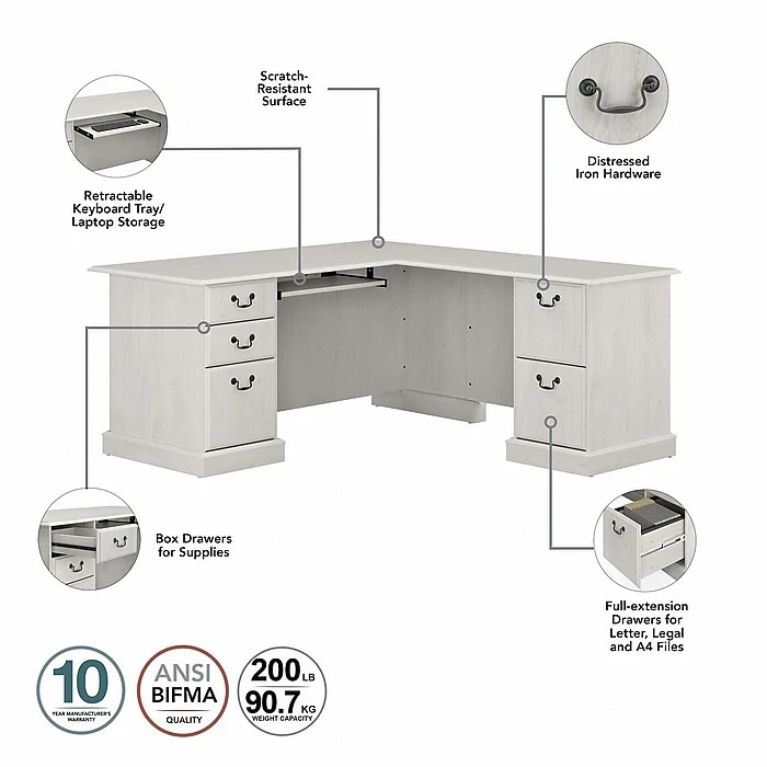 Bush Furniture Saratoga 66" L-Shaped Computer Desk And Bookcase Set, Linen White Oak (SAR005LW) - Image 3