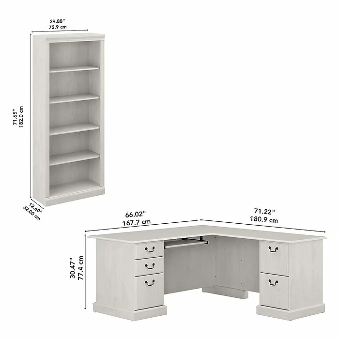 Bush Furniture Saratoga 66" L-Shaped Computer Desk And Bookcase Set, Linen White Oak (SAR005LW) - Image 5