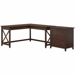 Bush Furniture Key West 60"W L-Shaped Desk Bundle, Bing Cherry (KWS014BC)