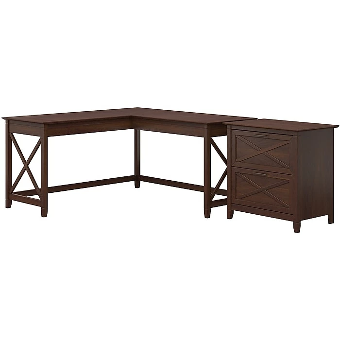Bush Furniture Key West 60"W L-Shaped Desk Bundle, Bing Cherry (KWS014BC)