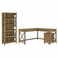 Bush Furniture Key West 60" L-Shaped Desk With 2 Drawer Mobile File Cabinet And 5 Shelf Bookcase, Reclaimed Pine (KWS016RCP)