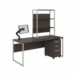 Bush Business Furniture Hybrid 72" W Computer Desk, Hutch, Mobile File Cabinet + Monitor Arm Bundle, Storm Gray (HYB019SGSU)