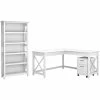 Bush Furniture Key West 60W L-Shaped Desk With 2-Drawer Mobile File Cabinet And 5-Shelf Bookcase, Pure White Oak (KWS016WT)