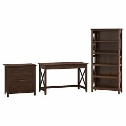 Bush Furniture Key West 48W Writing Desk With 2 Drawer Lateral File Cabinet And 5 Shelf Bookcase, Bing Cherry (KWS004BC)